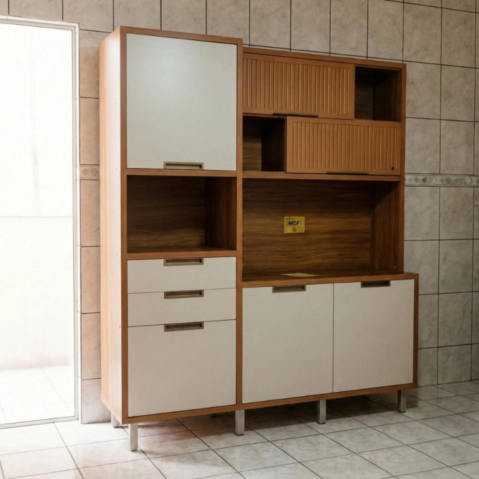 Armário de cozinha branco e amadeirado montado pela Montou!